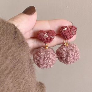 Sweet Heart Plush Ball Ear Clips